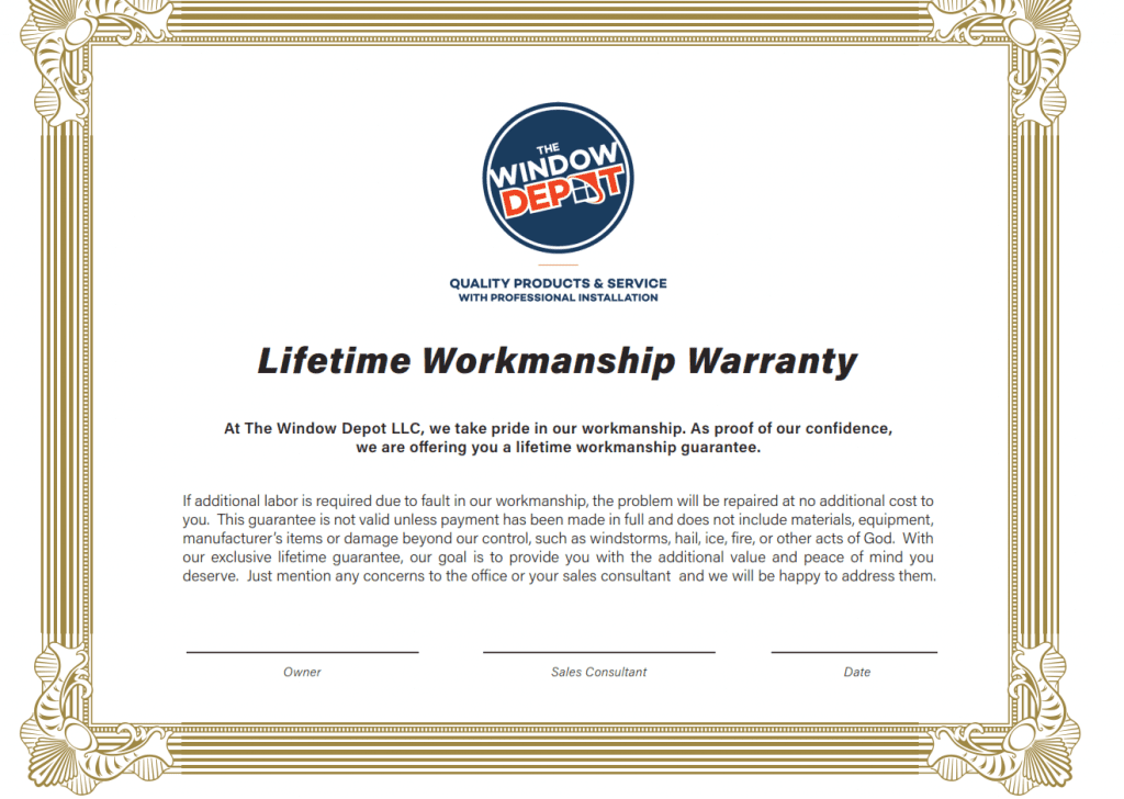 a certificate for a lifetime workmanship warranty by The Window Depot