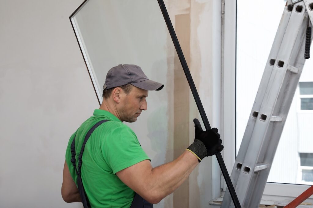 Worker installing a double-glazing window in a home
