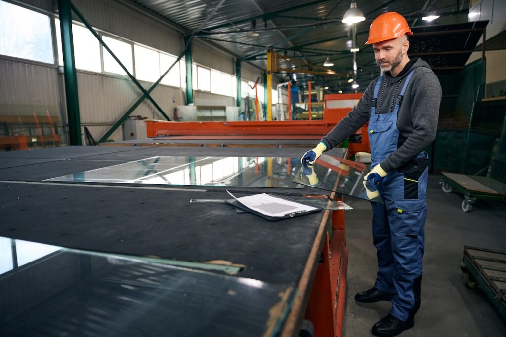 Glass technician cutting glass for a double-glazed window