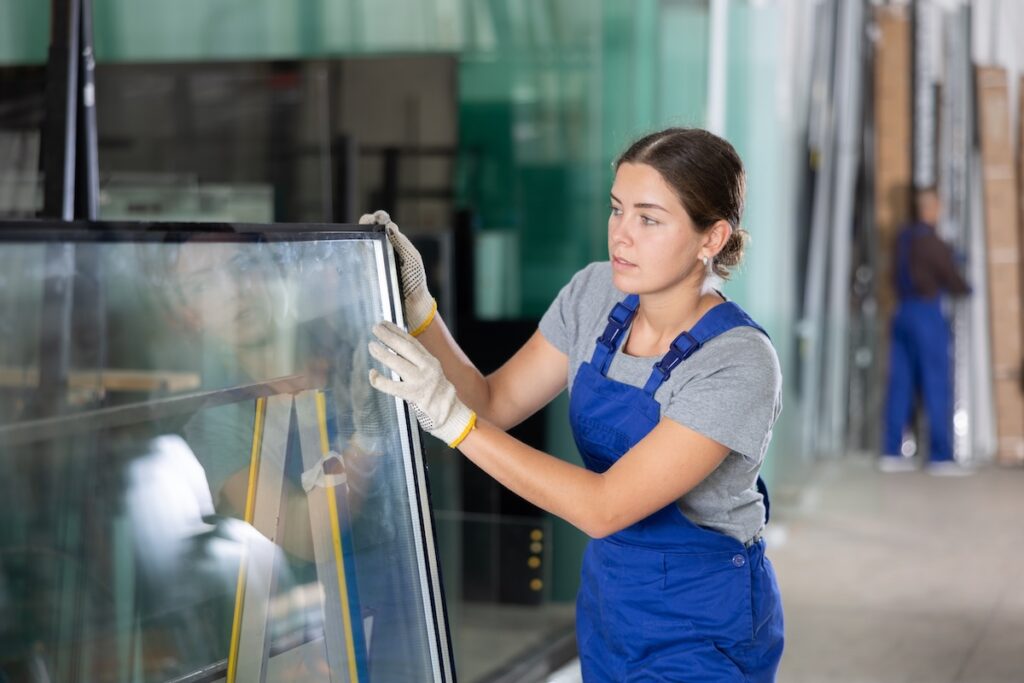 Female technician focusing on window repair or installation work