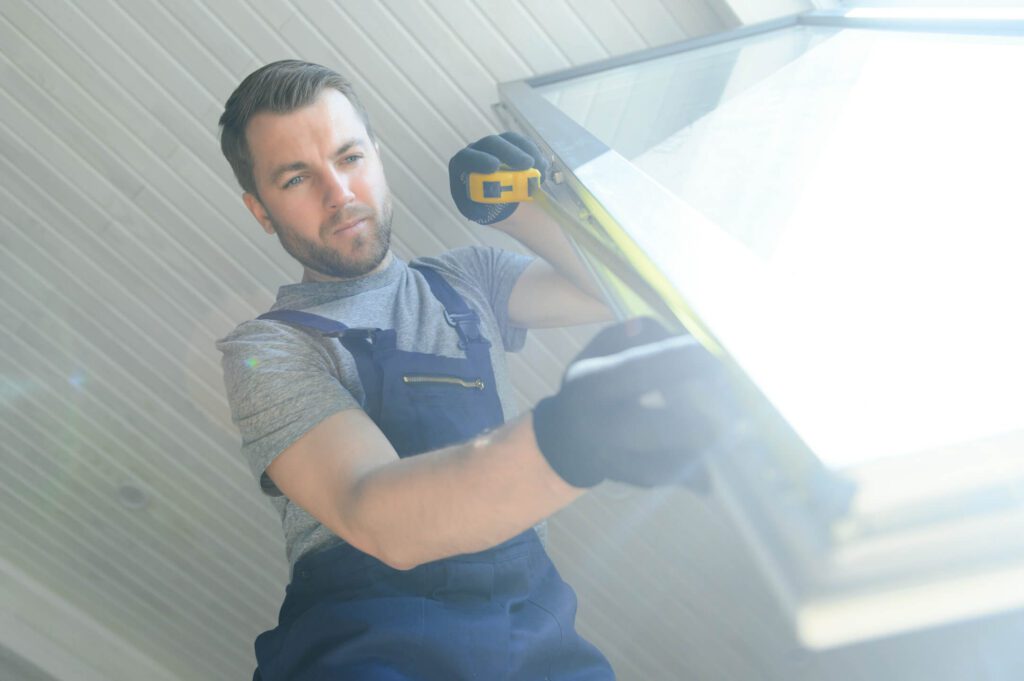 Construction worker installing a new replacement window on a home