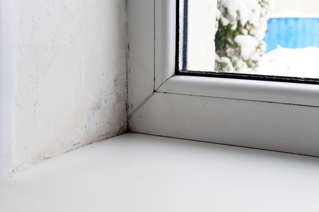 Mold and dampness around the corner of a plastic window frame