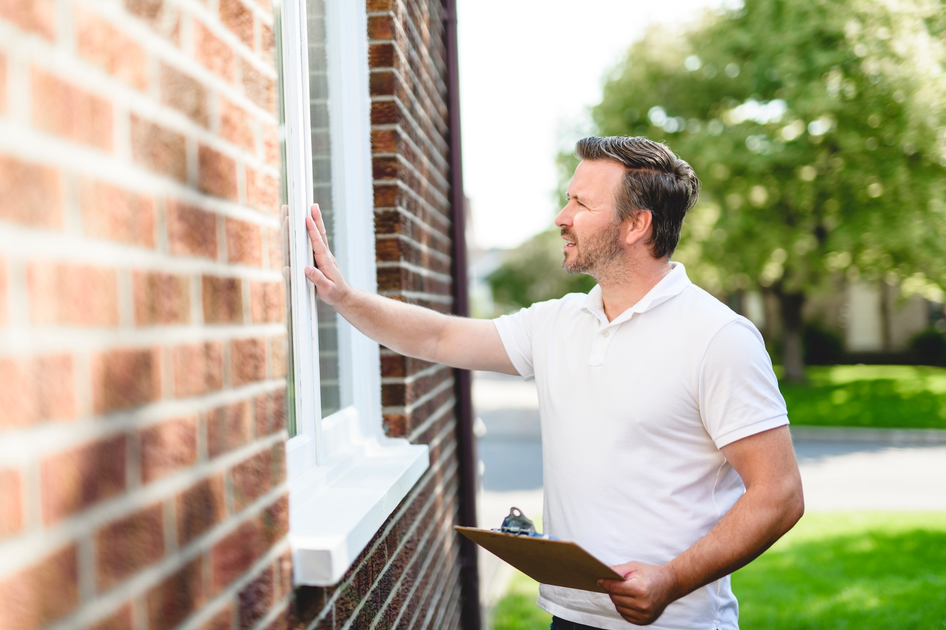 Installer inspecting a door frame during installation