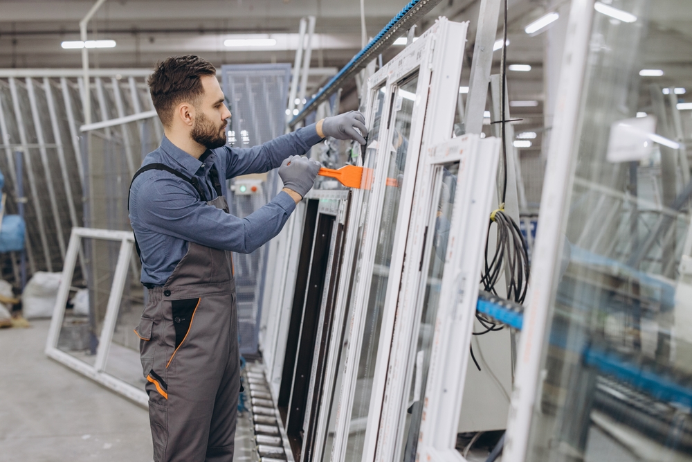 Window factory technician inspecting and adjusting replacement window units on production line